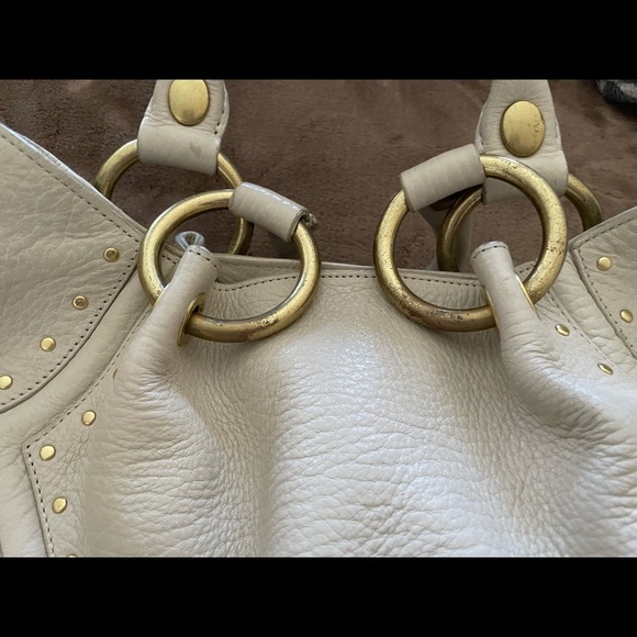 Kenneth Cole Ivory Thick Pebble Leather Studs Satchel Handbag Purse PRE-OWNED - Picture 3 of 9
